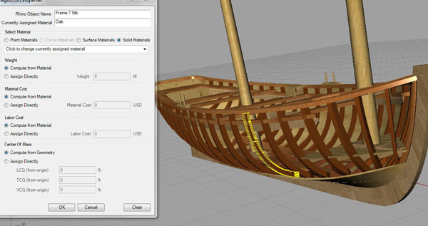 Assigning material to each component part of the modelled vessel